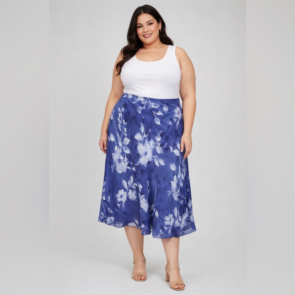 Randolph Duke Plus Blue Floral 100% Silk Midi Flowy Skirt Women’s Sz 18W Boho